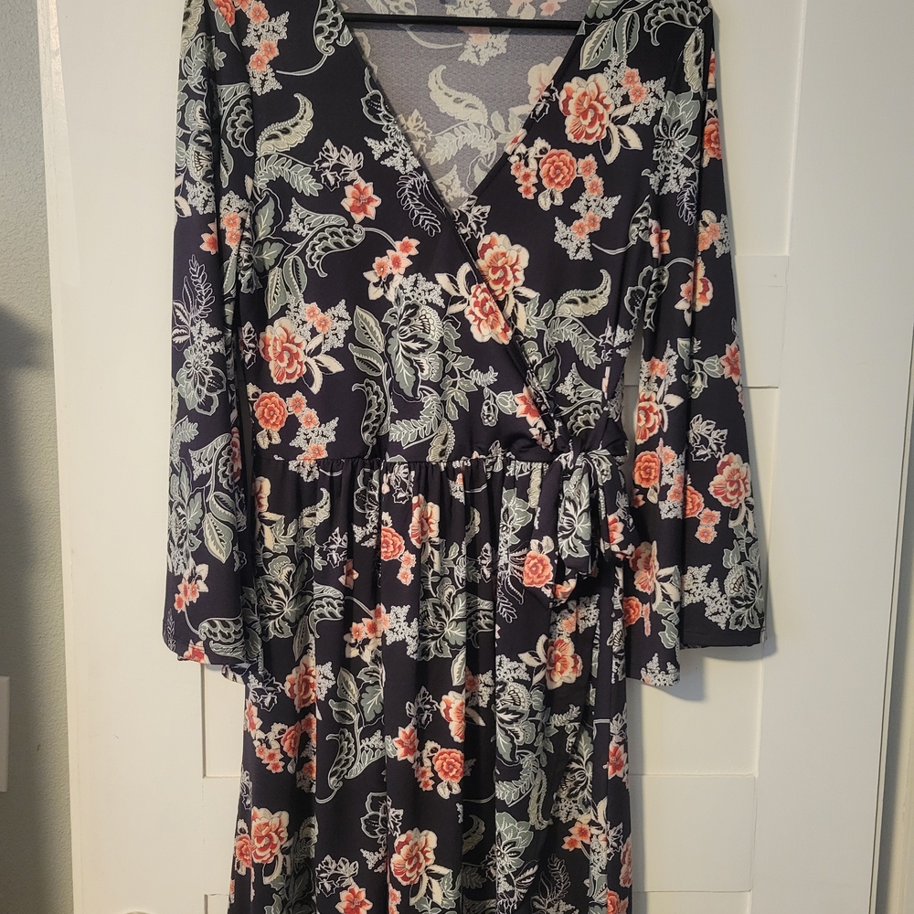 Floral Wrap Midi Dress in Navy with Coral Blooms